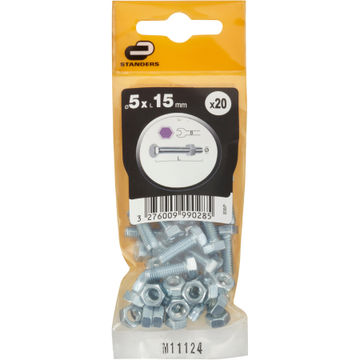 Bolt and nut hexagon head zinc plated 5.0x15mm 20pc standers