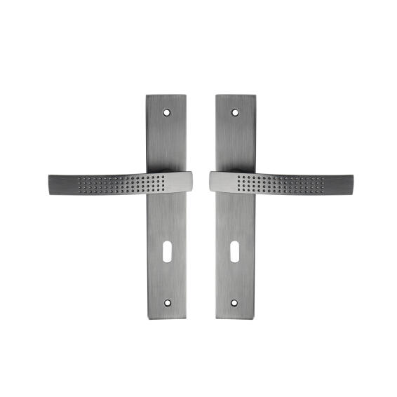 Door handles on plate cylinder key entry stipple matt grey finish louna 195mm inspire
