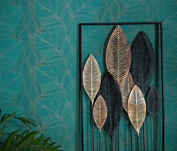 WALLPAPER FLORAL LEAVES TURQ GOLD 10.5MX53CM