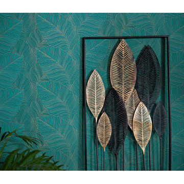 WALLPAPER FLORAL LEAVES TURQ GOLD 10.5MX53CM