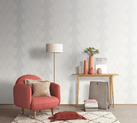 WALLPAPER FLORAL LEAVES WHT SILV 10.5MX53CM