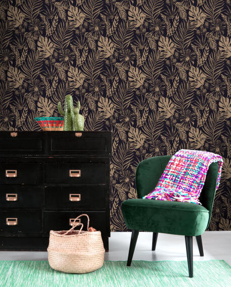 WALLPAPER TROP LEAF BLK/GOLD 10.5MX53CM