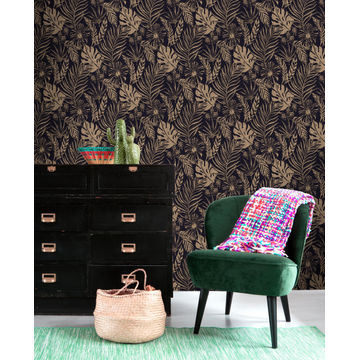 WALLPAPER TROP LEAF BLK/GOLD 10.5MX53CM