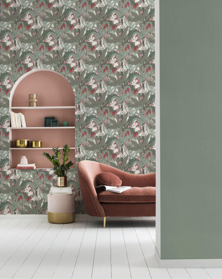 Wallpaper Leave Print RASCH Green&Grey 10,5m x 53cm