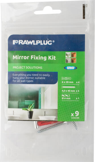Mirror hanging/fixing kit with screws and 6mm drill bit 9pc rawlplug