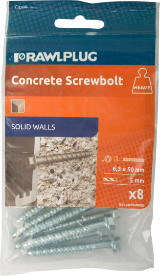 Concrete screw bolts 6.3x50mm R-LX hex and flange 8pc rawlplug