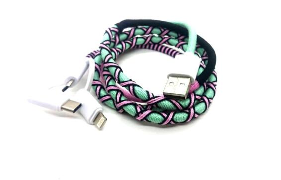 USB CHARGE CABLE 3IN1 GREEN&PINK WOVEN
