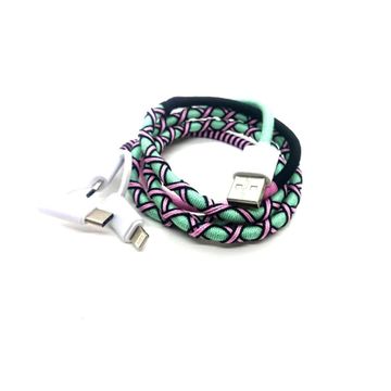 USB CHARGE CABLE 3IN1 GREEN&PINK WOVEN