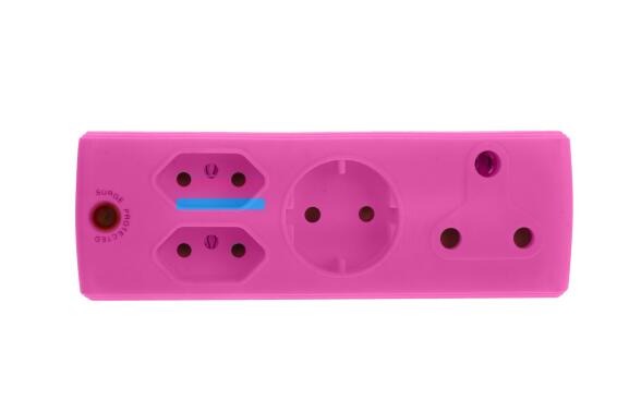 Multiplug with 3-pin Euro Plug, 2-pin Euro Plug, and Schuko Plug in Pink