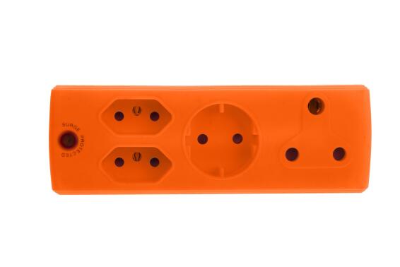 Multiplug with 3-pin Euro Plug, 2-pin Euro Plug, and Schuko Plug in Orange
