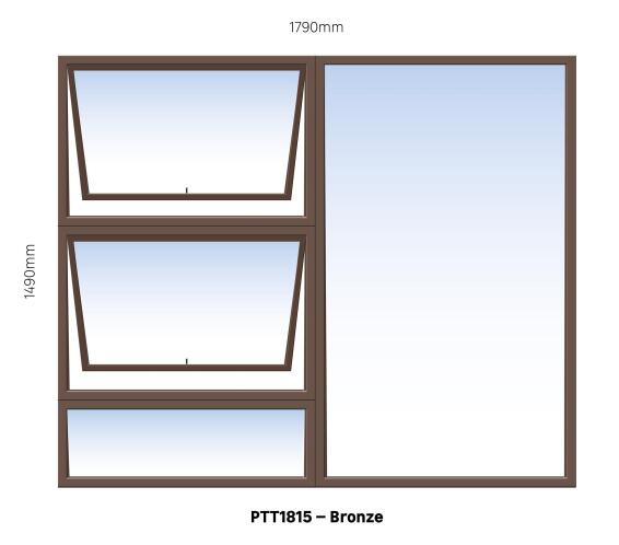 Aluminum window value range bronze top hung PTT1815 2 vent W1800MM x H1500MM