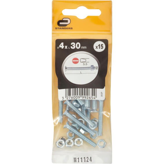 Machine screws and nuts countersunk head zink plated 4.0x30mm 15pc standers