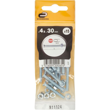 Machine screws and nuts countersunk head zink plated 4.0x30mm 15pc standers