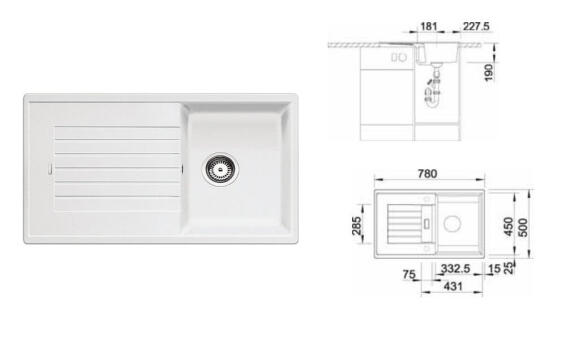 SINK GR+RESI ZIA 1B1D WHT 78X50CM