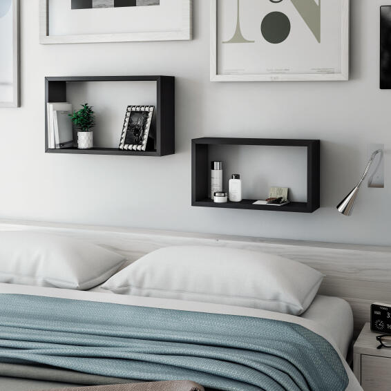Spaceo Wall Shelf Rectangle Set Of 2 Black