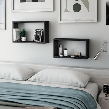 Spaceo Wall Shelf Rectangle Set Of 2 Black