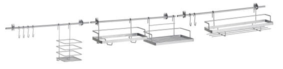 Kitchen Accessories Wall Hanging Set 3 Rods 53Cm,4 Baskes,6 Hooks And Fixings