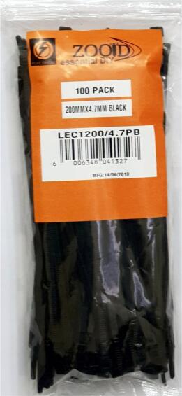 Cable tie ZOOID black 200mm x 4.7mm 100 pieces per pack