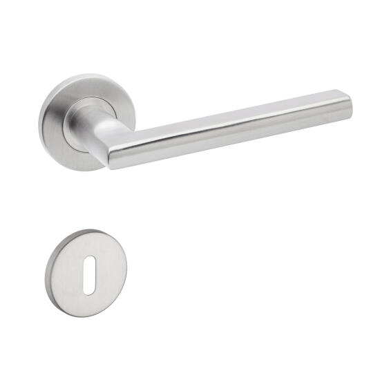 Door handle on rose brushed stainless steel Handles inc. keyhole escutcheons