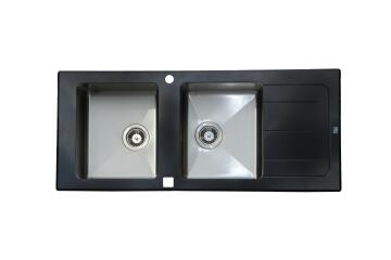 Kitchen sink 2 square bowls 1 drainer glass black 1160mm X 500mm
