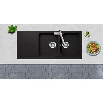Frasa Kitchen Sink Crucial Double Bowl Single Drainer Quartz Resin Composite Black L116Cm X W50Cm