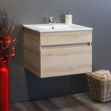 Bathroom Cabinet Wall Mount Compact 1 Drawer 600 Oak 