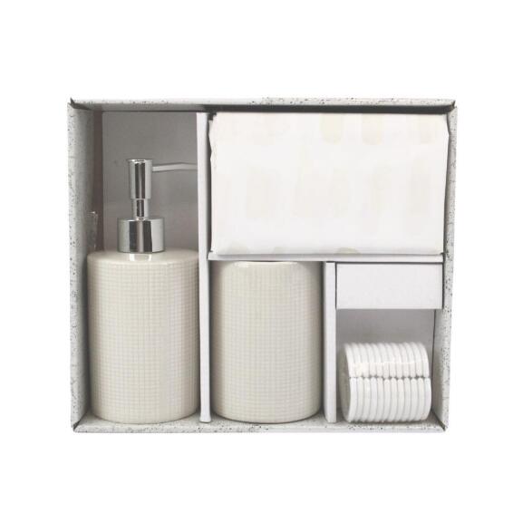Bathroom Set Of 3Pcs Contains Soap Dispenser ,Toothbrush Holder And Peva Shower Curtain Including 12 Pp Hookscream
