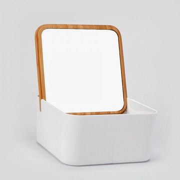 Make Up Mirror With Organizer And Bamboo Lid Square W13cmxD13cmxH7cm