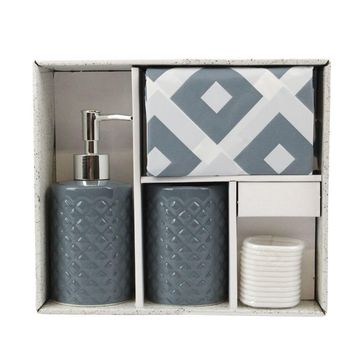Bathroom Set Of 3Pcs Contains Soap Dispenser ,Toothbrush Holder And Peva Shower Curtain Including 12 Pp Hooks Blue