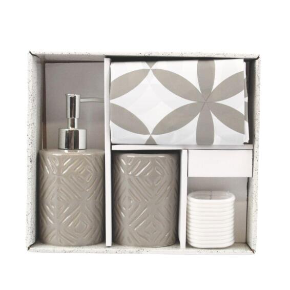 Bathroom Set Of 3Pcs Contains Soap Dispenser ,Toothbrush Holder And Peva Shower Curtain Including 12 Pp Hooks Taupe