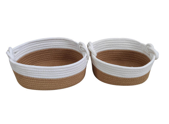  Storage Baskets Set Of 2 Oval Shape Cotton Rope White And Natural