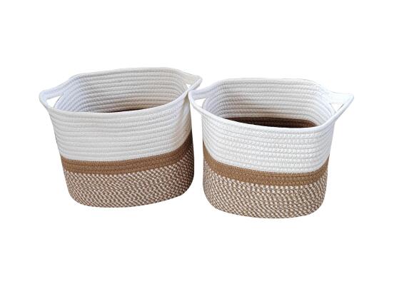 Storage Basket Set Of 2 Oval Shape Cotton Rope White And Natural Pattern