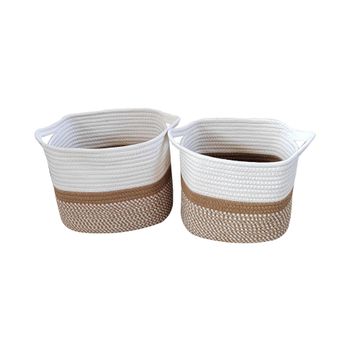 Storage Basket Set Of 2 Oval Shape Cotton Rope White And Natural Pattern
