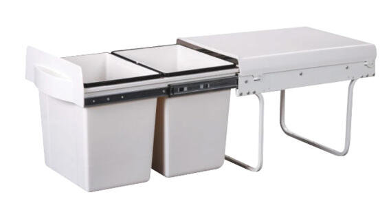 Sliding Drawer Plastic And Metal Kitchen Dustbin With 2 Compartments White 15L Each L34X33Cm