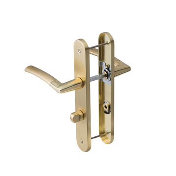 Door handle on plate with thumb lock steel gold INSPIRE 195mm only to be installed in new doors with bathroom/toilet lock body sold separately  