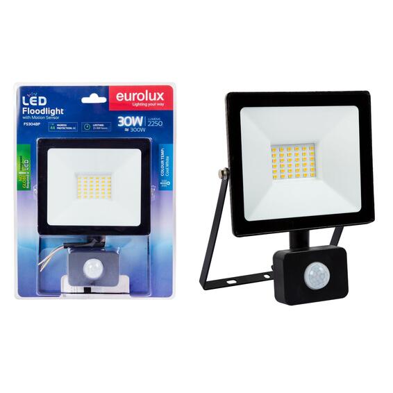 Eurolux 30W LED Floodlight Black with Sensor Blister