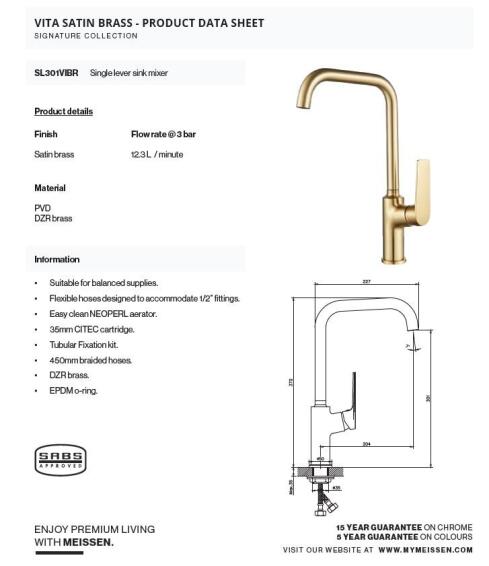 Meissen Kitchen Sink Mixer Tap Vita Satin Brass H37Cm Spout Reach 22Cm