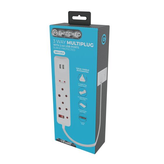 SURGE M.PLUG 3WAY 2.4A USB PORTS WHITE