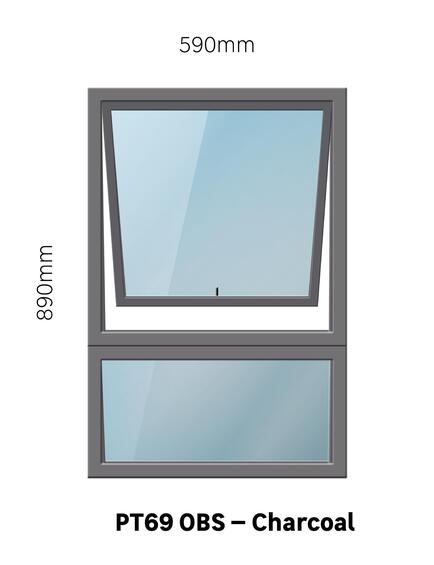 TOP HUNG ALUMINIUM WINDOW CHARCOAL WITH OBSCURE GLASS PT69 1 VENT W600 x H900MM