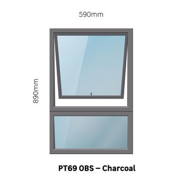 TOP HUNG ALUMINIUM WINDOW CHARCOAL WITH OBSCURE GLASS PT69 1 VENT W600 x H900MM