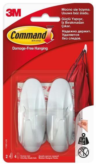 Designer hooks med damage-free hanging 2 hooks, 4 strips command 3M