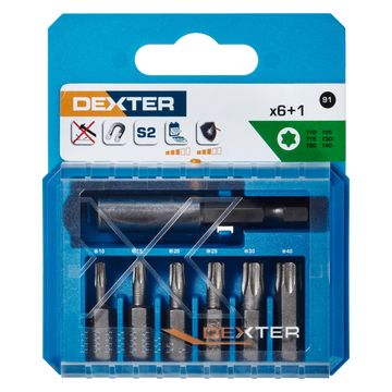 Dexter set 6 bits 25mm t10 15 20 25 30 40+magnetic bit holder 54mm