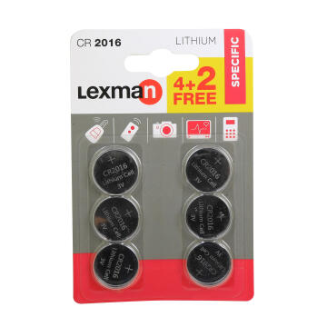 Battery CR2016 LEXMAN lithium 6 pack
