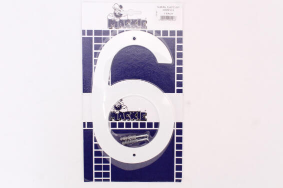 Number 6 plastic sign white mackie 200mm