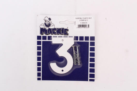 Number 3 plastic sign white mackie 75mm