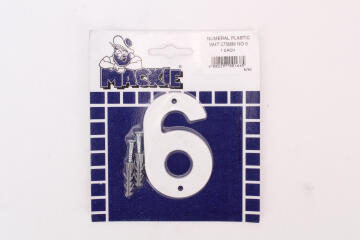 Number 6 plastic sign white mackie 75mm