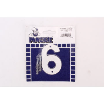 Number 6 plastic sign white mackie 75mm