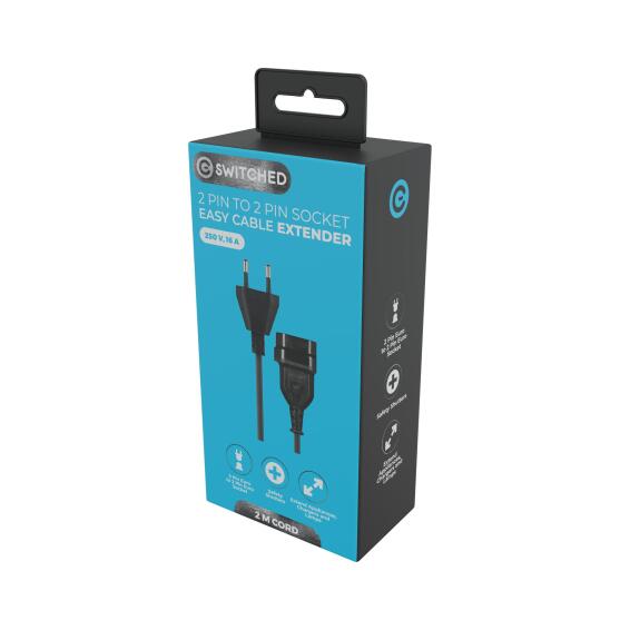 Switched Easy Cable Extender 2Pin Euro to 2Pin Euro Socket Black 2M