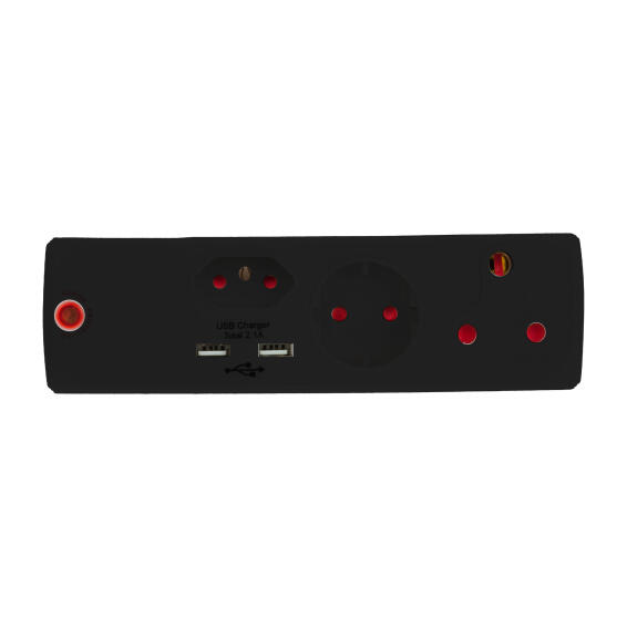 1xSchuko1x3pin1x2pin2xUSB Surge Adapt Bk