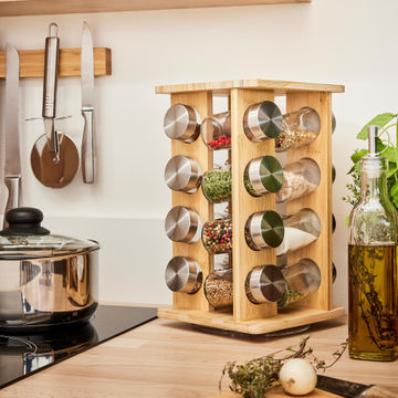 Delinia Spice Rack Bamboo With 16 Glass Spice Jars W17.5Xd17.5Xh30Cm
